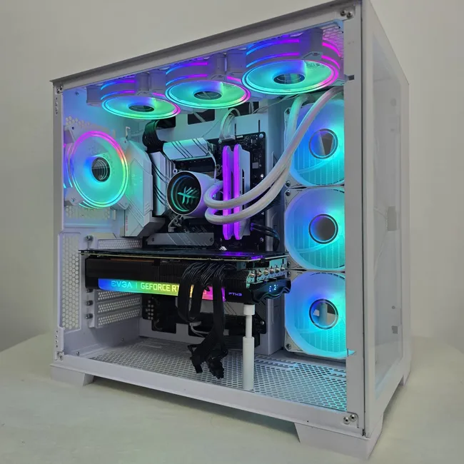 White Apex PCs custom build with glass panels and colourful fans
