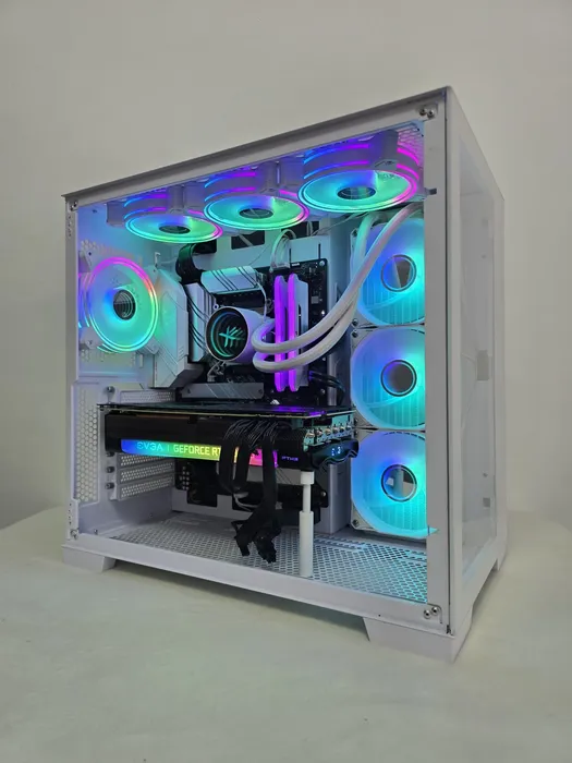 White glass-sided PC with colourful illuminated fans and liquid cooling