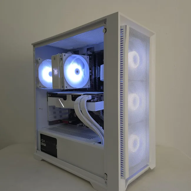 White desktop PC with blue-lit fans and neatly arranged cooling tubes